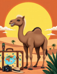 Fototapeta premium camel standing with travel bags and souvenirs against desert landscape, conceptual travel poster