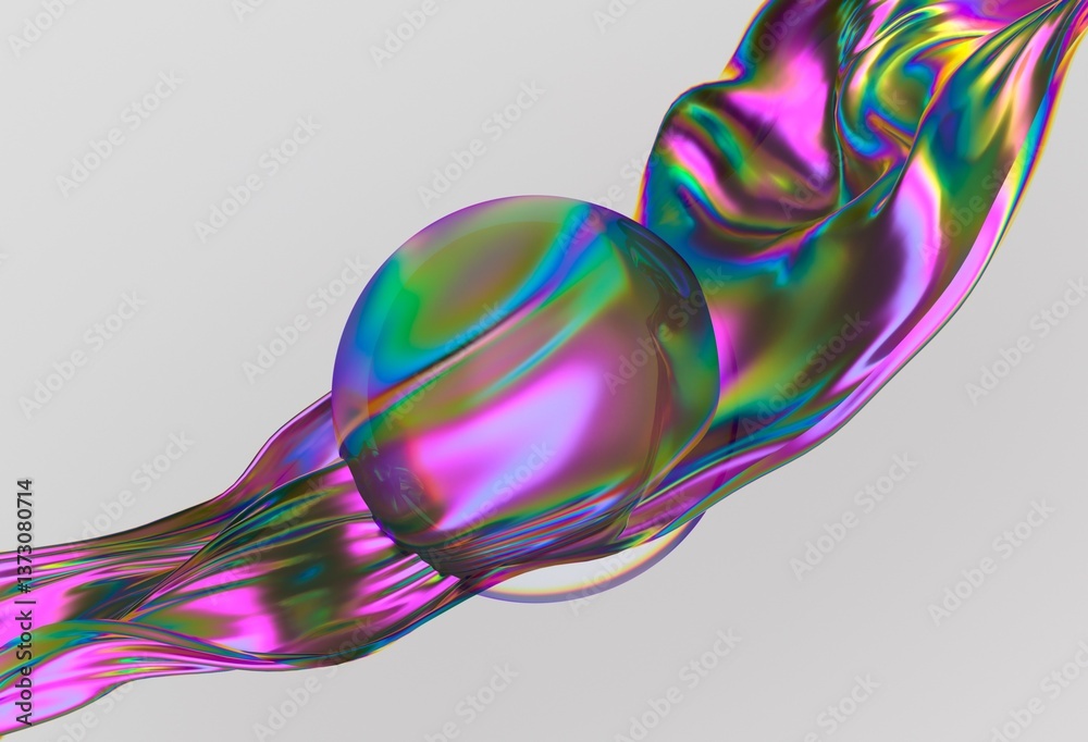 Poster mesmerizing 3d illustration featuring an iridescent wave flowing around a translucent sphere, showca