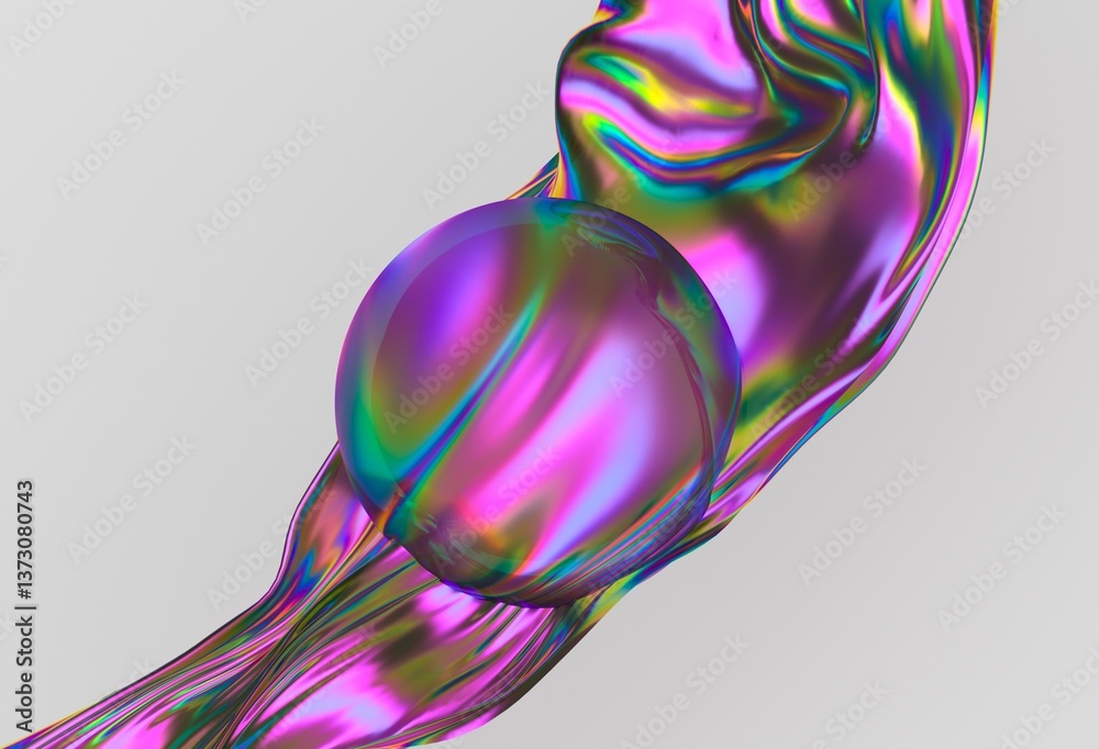Poster Mesmerizing 3D illustration featuring an iridescent wave flowing around a translucent sphere, showcasing vibrant colors in a surreal composition.