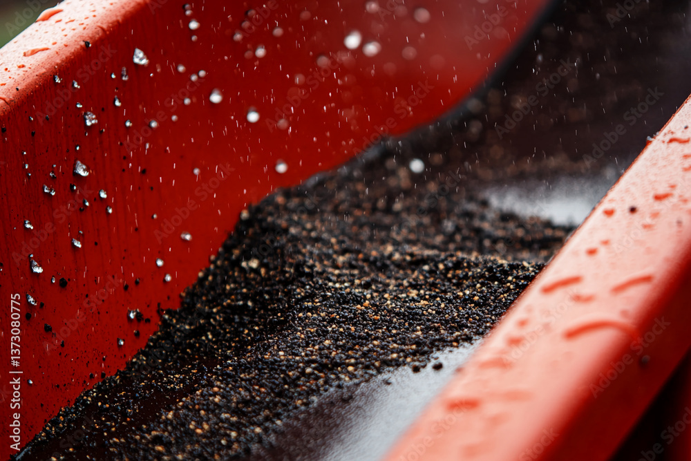Poster close-up of dark grains flowing in a wet red channel, showcasing a dynamic texture contrast, represe