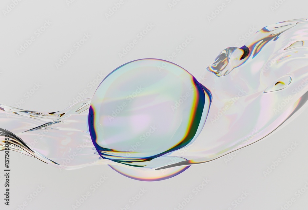 Poster Delicate 3D illustration of a translucent sphere set against a soft, flowing iridescent background, creating an ethereal and minimalist aesthetic.