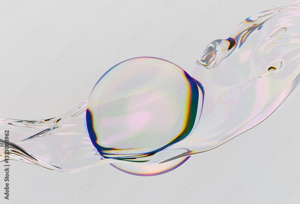 Poster Delicate 3D illustration of a translucent sphere set against a soft, flowing iridescent background, creating an ethereal and minimalist aesthetic.