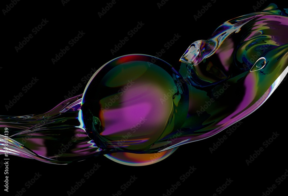 Poster abstract 3d illustration with fluid, iridescent shapes in purples, greens, and blues. glossy, dynami
