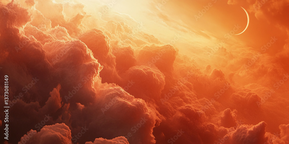 Poster orange and red cloudscape, illuminated from above, featuring a crescent moon, creating a dramatic an