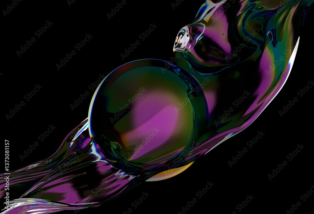 Aufkleber 3d illustration of a dark, iridescent wave encircling a reflective sphere, set against a black backg