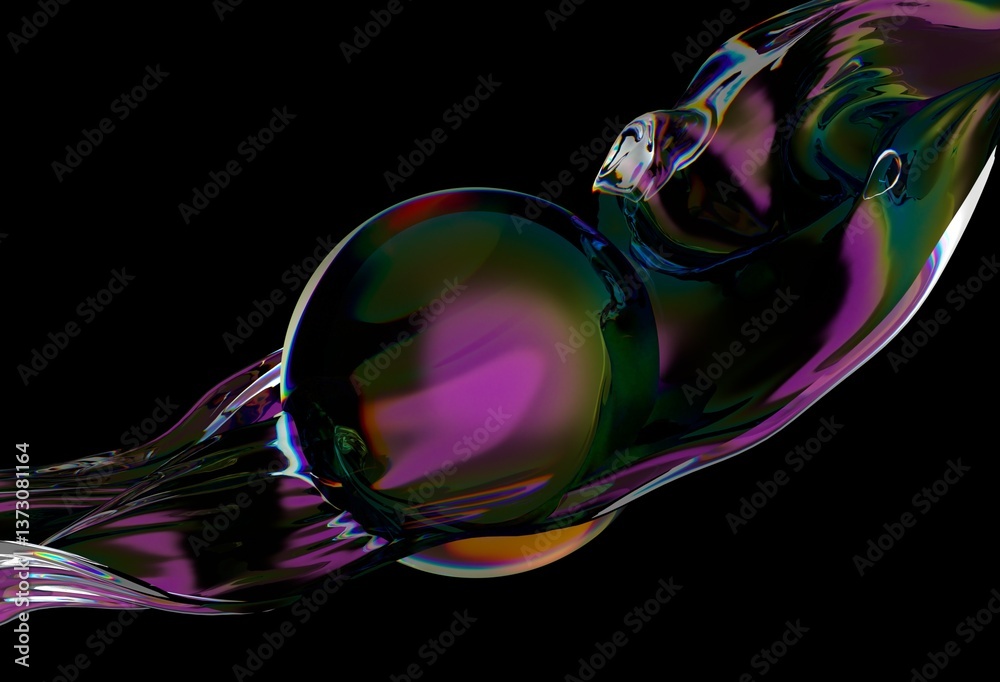 Poster abstract 3d illustration with fluid, iridescent shapes in purples, greens, and blues. glossy, dynami