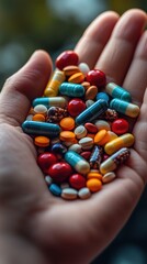 Colorful mix of pharmaceutical pills and capsules in human hand captured with natural daylight, ideal for healthcare blog visuals, medicine ads and wellness product branding