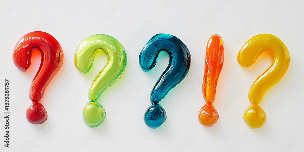 Aufkleber colorful glossy question marks and exclamation point on white background, symbolizing inquiry, decis
