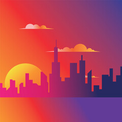 city, cityscape, skyline, sunset, vector, illustration, gradient, orange, purple, clouds, building, silhouette, modern, minimalist, urban, landscape, background, design, art, graphic, abstract, geomet