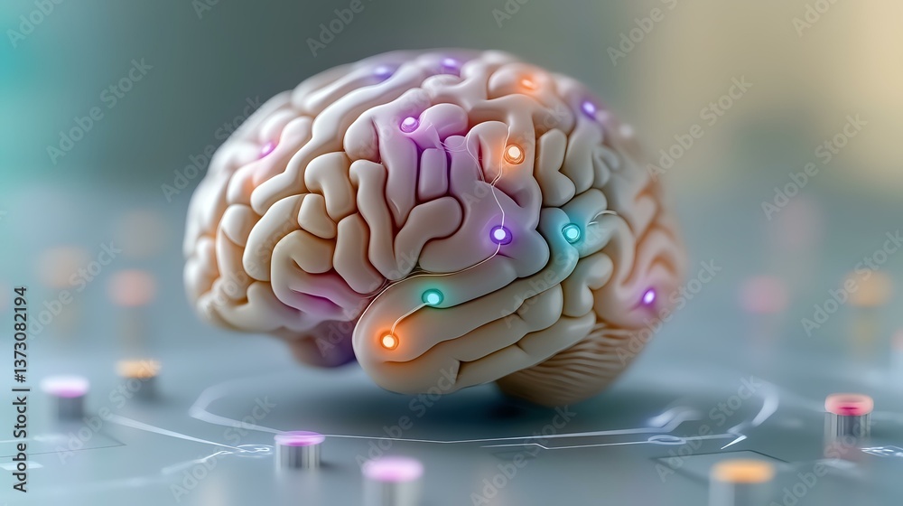 Poster glowing neural network visualization on human brain model with colorful light points showing synapti