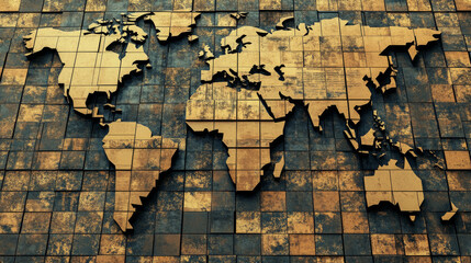 A stylized mosaic world map made of square tiles, rendered in bold black vector lines