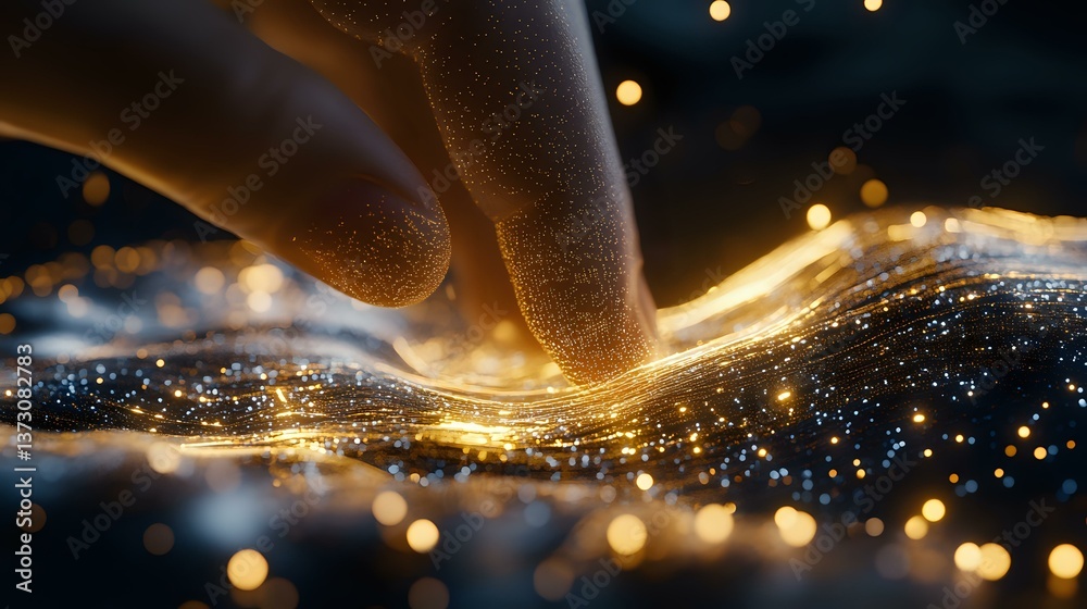 Poster glowing golden light trails with sparkling particles and finger touch creating magical energy waves 