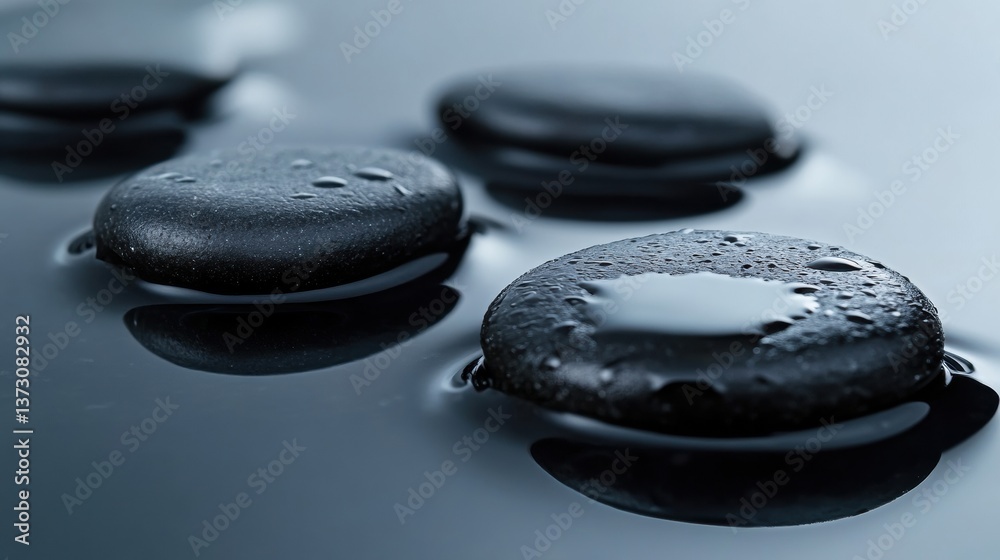 Poster close-up of smooth black river stones on reflective wet surface with soft lighting showcasing minima
