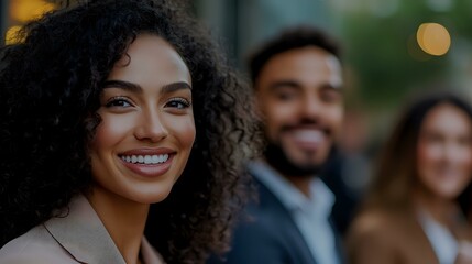 Fototapeta premium Young African American woman with curly hair and bright smile leading diverse business team, professional portrait in warm evening light outdoors.