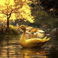 Obraz premium Golden Duck in a serene lake, surrounded by lush greenery and trees with vibrant yellow leaves, creating a peaceful autumn scene