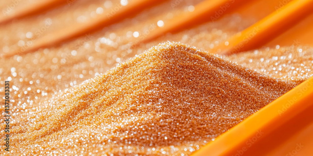 Poster close-up of amber-colored granular texture, forming a small hill in an orange container, showcasing 