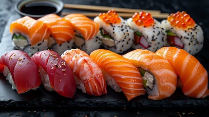 Fresh salmon and tuna nigiri sushi with red caviar on black stone plate. Traditional Japanese cuisine with raw fish, rice and nori served with soy sauce.
