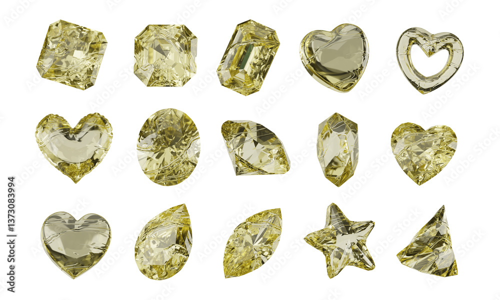 Poster Yellow crystal object geometry shape set isolated background 3d rendering	
