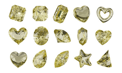Yellow crystal object geometry shape set isolated background 3d rendering	
