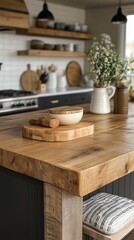 Rustic wooden kitchen counter with ceramic bowl and pepper mill, cozy home interior, soft daylight (9:16)