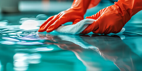 Close-up of orange gloved hands cleaning a teal surface with a white cloth, creating a clean and fresh impression, showcasing cleanliness and hygiene, ideal for cleaning product advertising