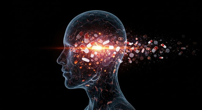 Digital human head exploding with pills on a black background  