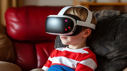 A young child wearing virtual reality headset indoors at home