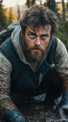 Obraz premium Portrait of a rugged bearded man with a weathered look crouching in a misty forest setting. Wearing a hoodie and vest, his expression conveys toughness and survival spirit.