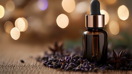 Dark amber glass dropper bottle with dried lavender flowers and star anise on rustic surface against warm bokeh background, aromatherapy and wellness concept.
