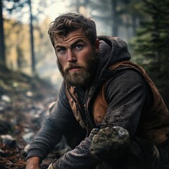 Obraz premium Portrait of a rugged bearded man with a weathered look crouching in a misty forest setting. Wearing a hoodie and vest, his expression conveys toughness and survival spirit.