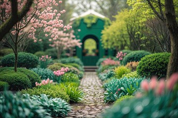 Springtime Lush Emerald Botanical Garden with Beautiful Bokeh Effects