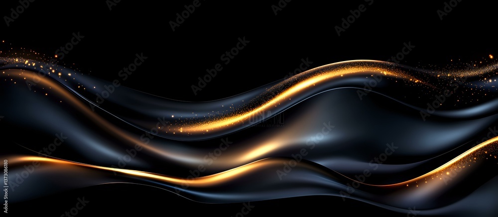 Poster luxurious black and gold waves flow across dark background creating elegant abstract pattern with sm
