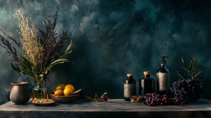 Rustic kitchen setup with lemons, bottles, and floral bouquet