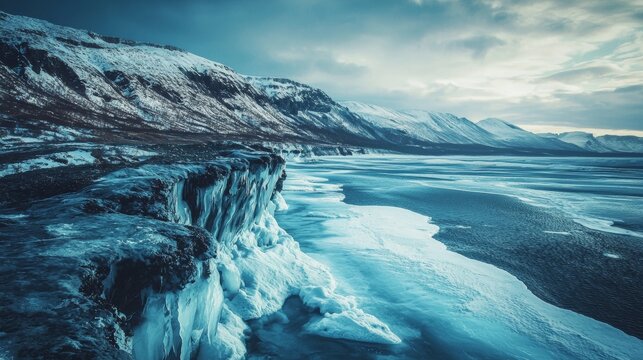 Frozen coastline with icy cliffs and dramatic skies