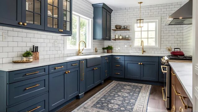 Elegant kitchen with navy blue cabinets, white subway tiles, and brass accents