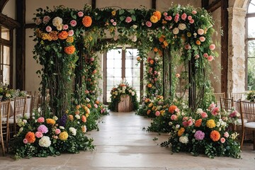 Fototapeta premium Vibrant Floral Arrangement with Vines and Colorful Flowers for Spring and Summer Celebrations