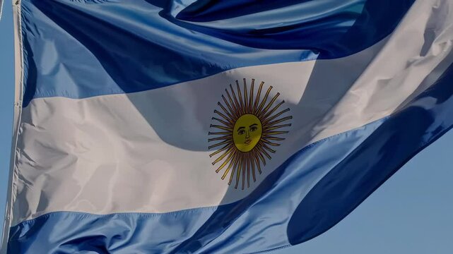 A vibrant and colorful display of the Argentine flag gracefully fluttering in the wind on a bright sunny day