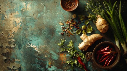Culinary flat lay with fresh vegetables and roots on turquoise
