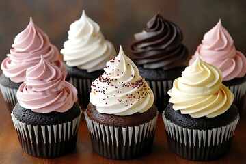Delicious cupcakes with different colored frosting sitting on a table