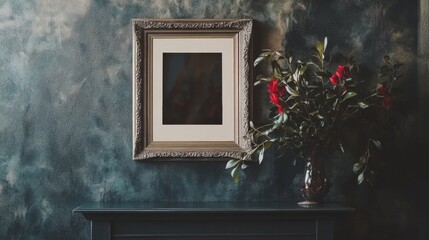Classic floral still life with painting on dark textured wall