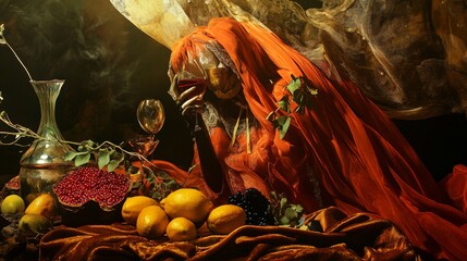 Dark dramatic still life with woman and fruit on velvet