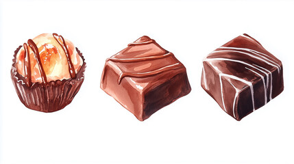 Obraz premium Three chocolate candies on a white background in watercolor style