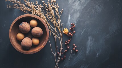 Rustic composition of walnuts in bowl with dark background