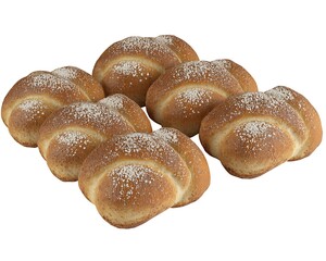 Six Baked Rolls With Powdered Sugar Are Grouped Together