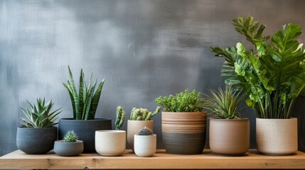 Row of potted indoor plants on wooden shelf