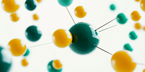 Obraz premium Abstract image of teal and yellow spheres connected by thin lines against a white background, representing connection, network, or molecular structure