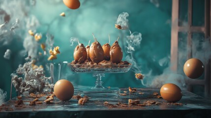 Surreal dessert display with levitating pastries