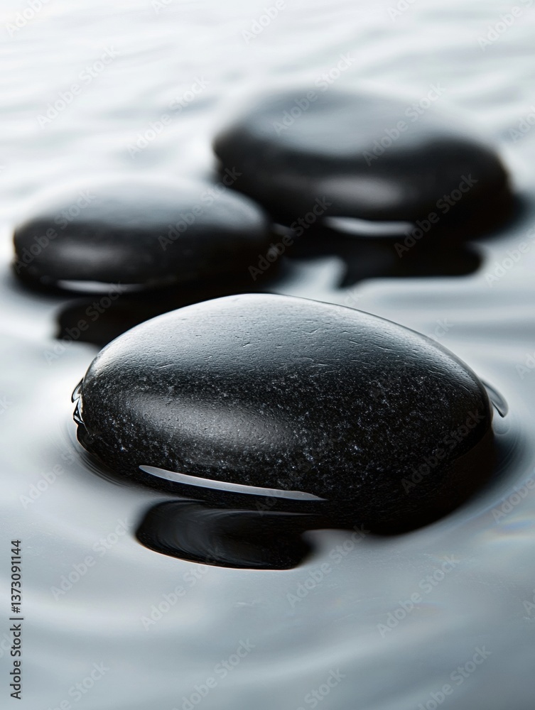 Poster smooth black river stones glistening on a reflective surface under soft lighting with deep contrast 