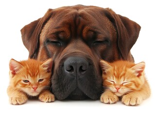 A large dog and two kittens are snuggling peacefully together