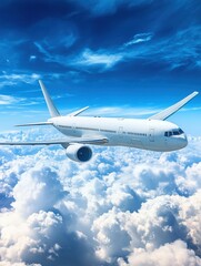 Obraz premium Commercial airplane soars through bright blue sky above fluffy white clouds for a modern travel experience
